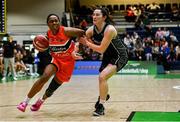 13 April 2025; Sam Haiby of Killester in action against Denise Dunlea of Utility Trust St. Paul's during the Domino's Women's Super League final match between Utility Trust St. Paul's and Killester at the National Basketball Arena in Tallaght, Dublin. Photo by Tyler Miller/Sportsfile