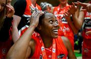 13 April 2025; Sam Haiby of Killester celebrates after the Domino's Women's Super League final match between Utility Trust St. Paul's and Killester at the National Basketball Arena in Tallaght, Dublin. Photo by Tyler Miller/Sportsfile