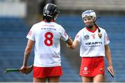 13 April 2025; Cork players Ashling Thompson, left, and Meabh Cahalane after the Very National Camogie League Division 1A final match between between Cork and Galway at FBD Semple Stadium in Thurles, Tipperary. Photo by Tom Beary/Sportsfile
