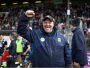 13 April 2025; Meath manager Robbie Brennan celebrates after his side's victory in the Leinster GAA Football Senior Championship quarter-final match between Meath and Offaly at Pairc Tailteann in Navan, Meath. Photo by Thomas Flinkow/Sportsfile