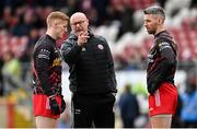13 April 2025; Tyrone manager Malachy O'Rourke in conversation with Peter Harte, left, and Matthew Donnelly before the Ulster GAA Football Senior Championship quarter-final match between Tyrone and Cavan at O'Neills Healy Park in Omagh, Tyrone. Photo by Ramsey Cardy/Sportsfile