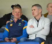 13 April 2025; Karl O'Dwyer with former Wicklow player Kevin O'Brien in the stand before the Leinster GAA Football Senior Championship quarter-final match between Wicklow and Dublin at Echelon Park in Aughrim, Wicklow. Photo by Ray McManus/Sportsfile