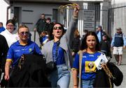13 April 2025; Wicklow supporters Kaitlyn Butler, Kirsty Mooney and Ava McGlynn, from Newtown Mount Kennedy, on their way to the Leinster GAA Football Senior Championship quarter-final match between Wicklow and Dublin at Echelon Park in Aughrim, Wicklow. Photo by Ray McManus/Sportsfile