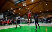 13 April 2025; Kason Harrell of Killester shoots despite the efforts of Patrick Robinson of UCC Demons during the Domino's Men's Super League final match between UCC Demons and Killester at the National Basketball Arena in Tallaght, Dublin. Photo by Tyler Miller/Sportsfile