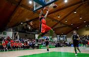 13 April 2025; Kason Harrell of Killester dunks during the Domino's Men's Super League final match between UCC Demons and Killester at the National Basketball Arena in Tallaght, Dublin. Photo by Tyler Miller/Sportsfile