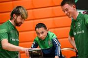 13 April 2025; Paralympics Ireland hosted their first Allianz NextGen event of 2025 at the University of Limerick Sport Arena. The event was open to young athletes over the age of 14 to try out Para sports such as triathlon, cycling, canoeing, archery and mountain climbing. Pictured is participant Shane Murphy from Kilmallock, Limerick, with Darragh Whelan of Cycling Ireland, left, and aspiring Paralympian Cormac O’Callaghan. Photo by Seb Daly/Sportsfile