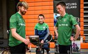 13 April 2025; Paralympics Ireland hosted their first Allianz NextGen event of 2025 at the University of Limerick Sport Arena. The event was open to young athletes over the age of 14 to try out Para sports such as triathlon, cycling, canoeing, archery and mountain climbing. Pictured is participant Shane Murphy from Kilmallock, Limerick, with Darragh Whelan of Cycling Ireland, left, and aspiring Paralympian Cormac O’Callaghan. Photo by Seb Daly/Sportsfile