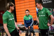13 April 2025; Paralympics Ireland hosted their first Allianz NextGen event of 2025 at the University of Limerick Sport Arena. The event was open to young athletes over the age of 14 to try out Para sports such as triathlon, cycling, canoeing, archery and mountain climbing. Pictured is participant Shane Murphy from Kilmallock, Limerick, with Darragh Whelan of Cycling Ireland, left, and aspiring Paralympian Cormac O’Callaghan. Photo by Seb Daly/Sportsfile
