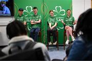 13 April 2025; Paralympics Ireland hosted their first Allianz NextGen event of 2025 at the University of Limerick Sport Arena. The event was open to young athletes over the age of 14 to try out Para sports such as triathlon, cycling, canoeing, archery and mountain climbing. Pictured, from left, are High-Performance Para-cycling Development coach Marcin Mizgajski, aspiring Paralympians Cormac O’Callaghan and Elsie Friel, and Triathlon Ireland National Para Triathlon Lead Natasha Kelly. Photo by Seb Daly/Sportsfile