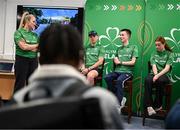 13 April 2025; Paralympics Ireland hosted their first Allianz NextGen event of 2025 at the University of Limerick Sport Arena. The event was open to young athletes over the age of 14 to try out Para sports such as triathlon, cycling, canoeing, archery and mountain climbing. Pictured are, from left, Paralympics Ireland communications executive Fiona Scally, High-Performance Para-cycling Development coach Marcin Mizgajski, and aspiring Paralympians Cormac O’Callaghan and Elsie Friel. Photo by Seb Daly/Sportsfile