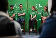 13 April 2025; Paralympics Ireland hosted their first Allianz NextGen event of 2025 at the University of Limerick Sport Arena. The event was open to young athletes over the age of 14 to try out Para sports such as triathlon, cycling, canoeing, archery and mountain climbing. Pictured, from left, are High-Performance Para-cycling Development coach Marcin Mizgajski, aspiring Paralympians Cormac O’Callaghan and Elsie Friel, and Triathlon Ireland National Para Triathlon Lead Natasha Kelly. Photo by Seb Daly/Sportsfile