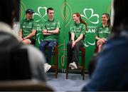 13 April 2025; Paralympics Ireland hosted their first Allianz NextGen event of 2025 at the University of Limerick Sport Arena. The event was open to young athletes over the age of 14 to try out Para sports such as triathlon, cycling, canoeing, archery and mountain climbing. Pictured, from left, are High-Performance Para-cycling Development coach Marcin Mizgajski, aspiring Paralympians Cormac O’Callaghan and Elsie Friel, and Triathlon Ireland National Para Triathlon Lead Natasha Kelly. Photo by Seb Daly/Sportsfile