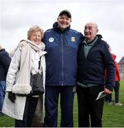 13 April 2025; Meath manager Robbie Brennan with supporter Maureen O'Neill and former Meath county board chairman Barney Allen after the Leinster GAA Football Senior Championship quarter-final match between Meath and Offaly at Pairc Tailteann in Navan, Meath. Photo by Thomas Flinkow/Sportsfile