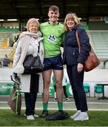 13 April 2025; Meath goalkeeper Billy Hogan with supporters Maureen O'Neill, left, and Shirley Crosby after the Leinster GAA Football Senior Championship quarter-final match between Meath and Offaly at Pairc Tailteann in Navan, Meath. Photo by Thomas Flinkow/Sportsfile