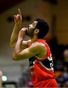 13 April 2025; Kason Harrell of Killester celebrates scoring a free-throw during the Domino's Men's Super League final match between UCC Demons and Killester at the National Basketball Arena in Tallaght, Dublin. Photo by Tyler Miller/Sportsfile