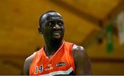 13 April 2025; Farouq Raheem of Killester reacts during the Domino's Men's Super League final match between UCC Demons and Killester at the National Basketball Arena in Tallaght, Dublin. Photo by Tyler Miller/Sportsfile