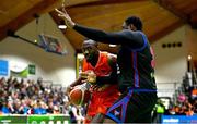 13 April 2025; Farouq Raheem of Killester in action against Elijah Tillman of UCC Demons during the Domino's Men's Super League final match between UCC Demons and Killester at the National Basketball Arena in Tallaght, Dublin. Photo by Tyler Miller/Sportsfile
