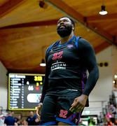 13 April 2025; Elijah Tillman of UCC Demons celebrates after scoring a dunk during the Domino's Men's Super League final match between UCC Demons and Killester at the National Basketball Arena in Tallaght, Dublin. Photo by Tyler Miller/Sportsfile