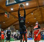 13 April 2025; Elijah Tillman of UCC Demons dunks during the Domino's Men's Super League final match between UCC Demons and Killester at the National Basketball Arena in Tallaght, Dublin. Photo by Tyler Miller/Sportsfile