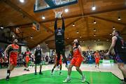 13 April 2025; Elijah Tillman of UCC Demons dunks during the Domino's Men's Super League final match between UCC Demons and Killester at the National Basketball Arena in Tallaght, Dublin. Photo by Tyler Miller/Sportsfile