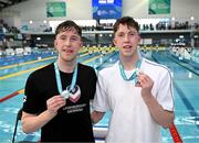 13 April 2025; First place, Daniel Wiffen, right, and second place, Nathan Wiffen, of Larne US after the 800m freestyle final during day two of the Irish Open Swimming Championships at the National Aquatic Centre on the Sport Ireland Campus in Dublin. Photo by David Fitzgerald/Sportsfile