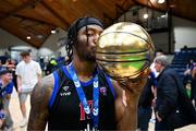 13 April 2025; Patrick Robinson of UCC Demons celebrates with his MVP Ball after the Domino's Men's Super League final match between UCC Demons and Killester at the National Basketball Arena in Tallaght, Dublin. Photo by Tyler Miller/Sportsfile