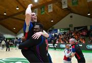 13 April 2025; Elijah Tillman of UCC Demons, right, and team-mate Kyle Hosford celebrate after the Domino's Men's Super League final match between UCC Demons and Killester at the National Basketball Arena in Tallaght, Dublin. Photo by Tyler Miller/Sportsfile