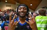 13 April 2025; Patrick Robinson of UCC Demons celebrates after the Domino's Men's Super League final match between UCC Demons and Killester at the National Basketball Arena in Tallaght, Dublin. Photo by Tyler Miller/Sportsfile