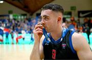 13 April 2025; James Hannigan of UCC Demons celerates with his winners medal after the Domino's Men's Super League final match between UCC Demons and Killester at the National Basketball Arena in Tallaght, Dublin. Photo by Tyler Miller/Sportsfile