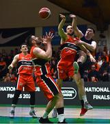 13 April 2025; David Lehane of UCC Demons has a shot blocked by Paul Dick of Killester during the Domino's Men's Super League final match between UCC Demons and Killester at the National Basketball Arena in Tallaght, Dublin. Photo by Tyler Miller/Sportsfile