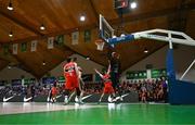 13 April 2025; Elijah Tillman of UCC Demons in action against Baptiste Chavelas of Killester during the Domino's Men's Super League final match between UCC Demons and Killester at the National Basketball Arena in Tallaght, Dublin. Photo by Tyler Miller/Sportsfile