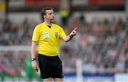 11 April 2025; Referee Rob Harvey during the SSE Airtricity Men's Premier Division match between Derry City and Drogheda United at The Ryan McBride Brandywell Stadium in Derry. Photo by Stephen McCarthy/Sportsfile