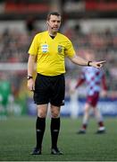 11 April 2025; Referee Rob Harvey during the SSE Airtricity Men's Premier Division match between Derry City and Drogheda United at The Ryan McBride Brandywell Stadium in Derry. Photo by Stephen McCarthy/Sportsfile