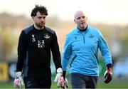 11 April 2025; Drogheda United goalkeeper Jack Brady and goalkeeping coach Aaron Shanahan before the SSE Airtricity Men's Premier Division match between Derry City and Drogheda United at The Ryan McBride Brandywell Stadium in Derry. Photo by Stephen McCarthy/Sportsfile