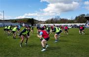 13 April 2025; Dublin players go through a warm up routine before the Leinster GAA Football Senior Championship quarter-final match between Wicklow and Dublin at Echelon Park in Aughrim, Wicklow. Photo by Ray McManus/Sportsfile
