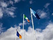 13 April 2025; The Tricolour, Wicklow and Dublin flags flutter in the wind before the Leinster GAA Football Senior Championship quarter-final match between Wicklow and Dublin at Echelon Park in Aughrim, Wicklow. Photo by Ray McManus/Sportsfile
