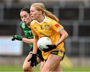 13 April 2025; Theresa Mellon of Antrim in action against Cadhla Cara Bogue of Fermanagh during the Lidl Ladies National Football League Division 4 final match between Antrim and Fermanagh at St Tiernach's Park in Clones, Monaghan. Photo by Matt Browne/Sportsfile