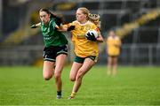 13 April 2025; Theresa Mellon of Antrim in action against Cadhla Cara Bogue of Fermanagh during the Lidl Ladies National Football League Division 4 final match between Antrim and Fermanagh at St Tiernach's Park in Clones, Monaghan. Photo by Matt Browne/Sportsfile