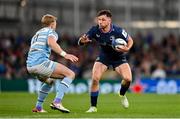 11 April 2025; Hugo Keenan of Leinster in action against Kyle Steyn of Glasgow Warriors during the Investec Champions Cup quarter-final match between Leinster and Glasgow Warriors at the Aviva Stadium in Dublin. Photo by Ramsey Cardy/Sportsfile
