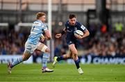 11 April 2025; Hugo Keenan of Leinster in action against Kyle Steyn of Glasgow Warriors during the Investec Champions Cup quarter-final match between Leinster and Glasgow Warriors at the Aviva Stadium in Dublin. Photo by Ramsey Cardy/Sportsfile