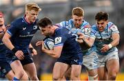 11 April 2025; Hugo Keenan of Leinster is tackled by Kyle Steyn of Glasgow Warriors during the Investec Champions Cup quarter-final match between Leinster and Glasgow Warriors at the Aviva Stadium in Dublin. Photo by Ramsey Cardy/Sportsfile