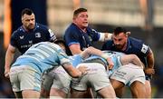 11 April 2025; Tadhg Furlong, centre, Cian Healy, left, and Rónan Kelleher of Leinster during the Investec Champions Cup quarter-final match between Leinster and Glasgow Warriors at the Aviva Stadium in Dublin. Photo by Ramsey Cardy/Sportsfile