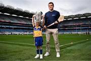 14 April 2025; In attendance at the launch of Bord Gáis Energy’s continued sponsorship of the GAA All-Ireland Senior Hurling Championship is Bord Gáis Energy ambassador and hurling star Shane O’Donnell of Clare with Logan Clifford Hegarty, aged 6, at Croke Park in Dublin. The announcement marks 16 years of Bord Gáis Energy’s involvement in inter-county hurling and celebrates the excitement, spirit and pride that make the championship and its fans so unique. Photo by David Fitzgerald/Sportsfile