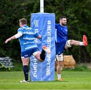 14 April 2025; Max Deegan, right, and Tadhg Furlong during Leinster Rugby squad training at UCD in Dublin. Photo by Piaras Ó Mídheach/Sportsfile