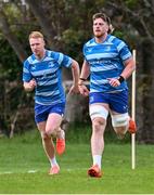 14 April 2025; Joe McCarthy, right, and Ciarán Frawley during Leinster Rugby squad training at UCD in Dublin. Photo by Piaras Ó Mídheach/Sportsfile