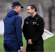 13 April 2025; Laois manager Justin McNulty shares a joke with linesman Noel Mooney before the Leinster GAA Football Senior Championship quarter-final match between Louth and Laois at Cedral St Conleth's Park in Newbridge, KiIdare. Photo by Piaras Ó Mídheach/Sportsfile