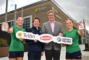 15 April 2025; In attendance as Tirlán announces sponsorship of Irish Under-18 Girls hockey team are, from left, U18 Hockey International Mollie Lennon, Hockey Ireland High Performance Director Lisa Jacob, Tirlán Chairperson John Murphy and U18 Hockey International Eva Doyle at Tirlán, Abbey Quarter, Kilkenny. Photo by Sam Barnes/Sportsfile