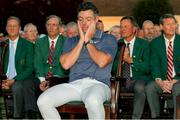 13 April 2025; An emotional Rory McIlroy of Northern Ireland during the green jacket ceremony after his playoff victory in the final round of the Masters Tournament at Augusta National Golf Club in Georgia, USA. Photo by Kyle Terada/Imagn Images via Sportsfile