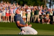 13 April 2025; Rory McIlroy of Northern Ireland celebrates on the 18th green after winning his playoff during the final round of the Masters Tournament at Augusta National Golf Club in Georgia, USA. Photo by Kyle Terada/Imagn Images via Sportsfile