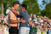 13 April 2025; Justin Rose of England, left, congratulates  Rory McIlroy of Northern Ireland on the 18th green during the final round of the Masters Tournament at Augusta National Golf Club in Georgia, USA. Photo by Kyle Terada/Imagn Images via Sportsfile